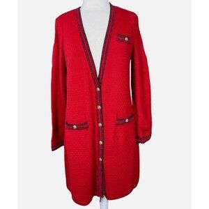 Talbots Lurex Tipped Red & Navy Long Sleeve Crest Button Front Long Cardigan M